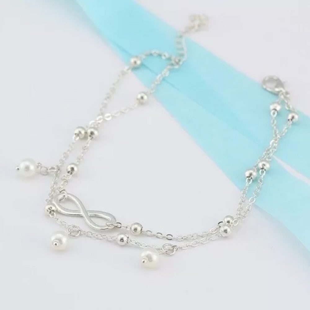 Infinity Pearl Silver Toned Anklet - Picture 3 of 5